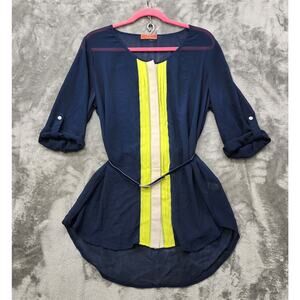 Live To‎ Be Spoiled Top Womens XL Blue Yellow White Striped Button Front Belted